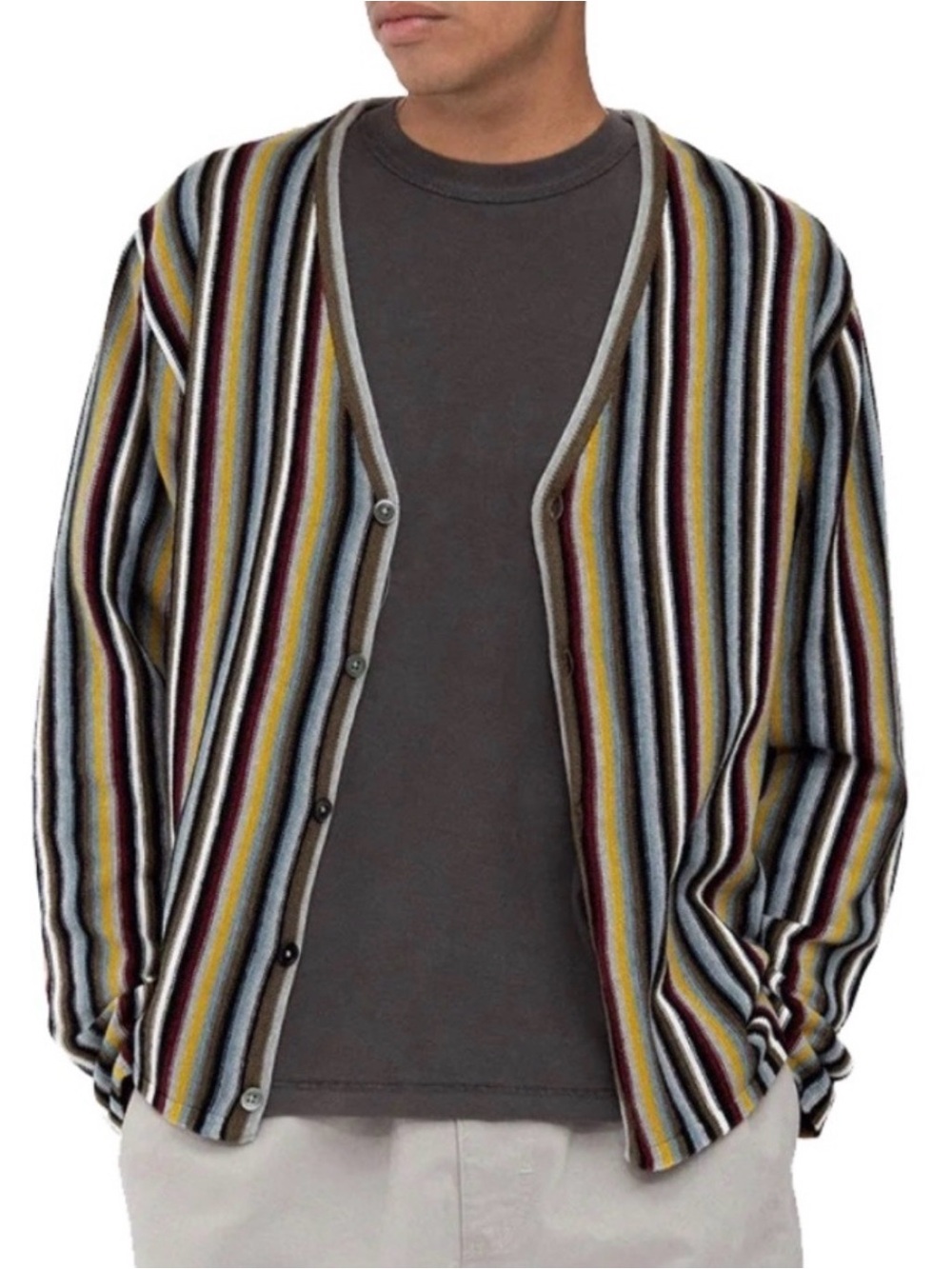 Stussy vertical multi color stripe cardigan sweater cotton wool blend sz Large